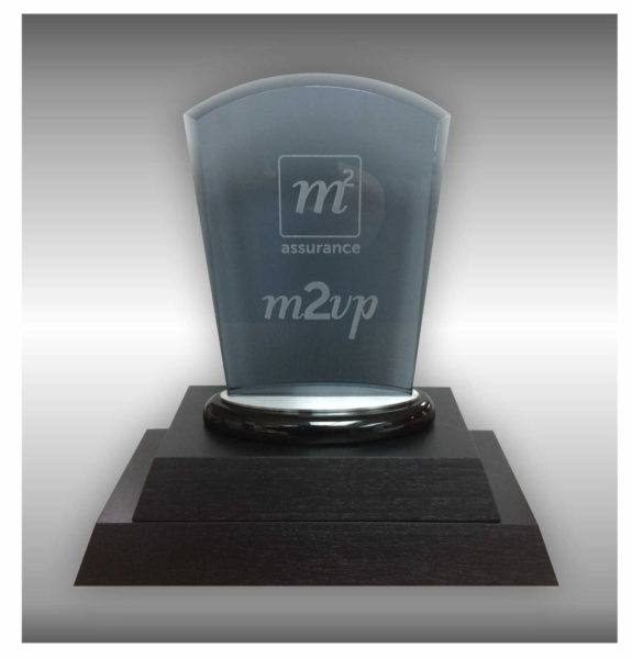 Glass plaque engraved on wooden base for perpetual trophy
